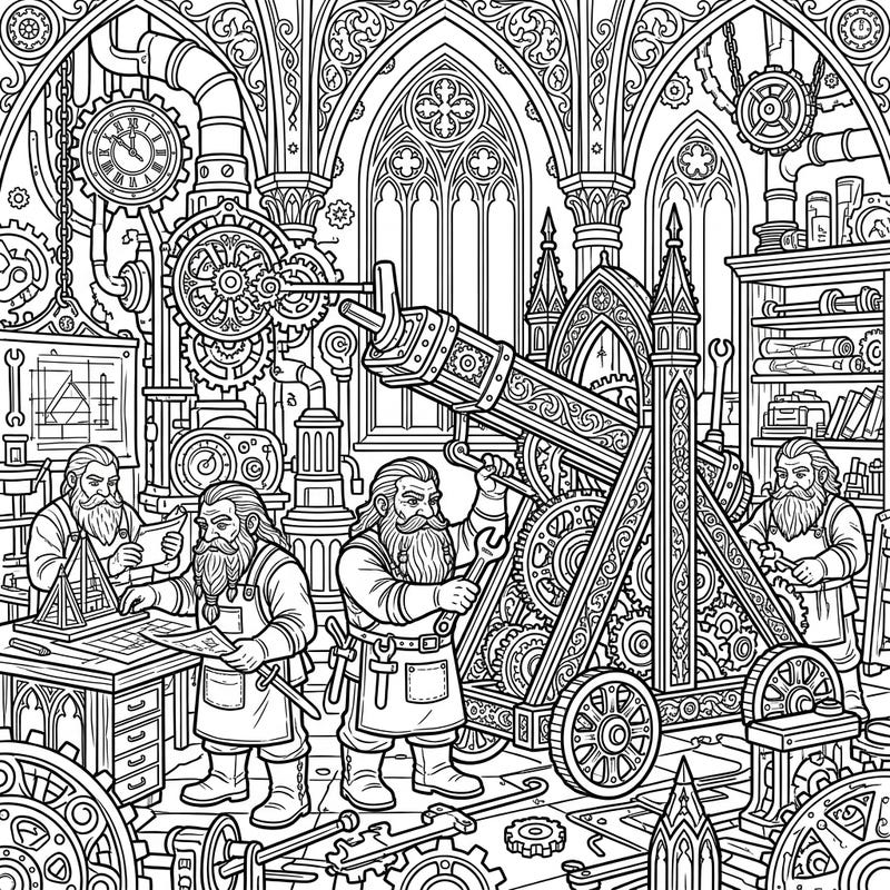Step into a world where masterful dwarf engineers craft incredible machines amidst gothic splendor. This intricate coloring page invites you to bring their steampunk-inspired workshop to life with your favorite colors.