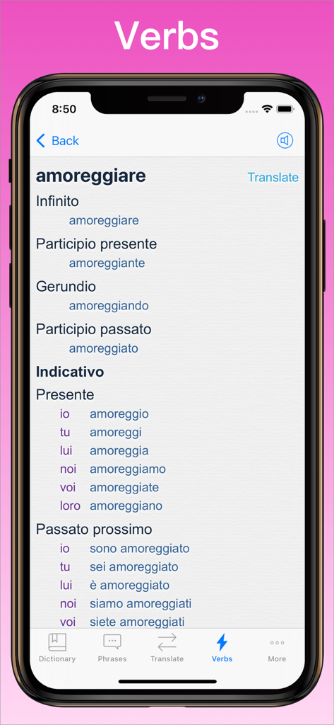 Italian Translator + - Tela de conjugação de verbos italianos mostrando vários tempos e formas para o verbo amoreggiare