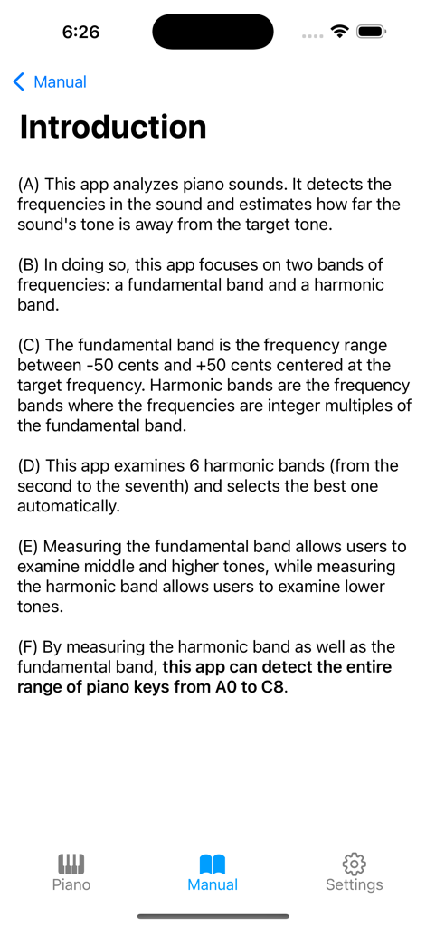 Piano Doctor - A Piano Tuner - Introduction screen of the Piano Doctor app manual explaining frequency detection for piano tuning