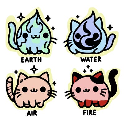 4 cats that represent the different elements, earth, water, air, and fire
