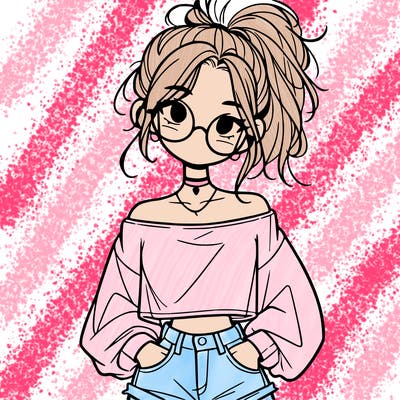 girl with a messy ponytail glasses a baggy crop top and jean shorts