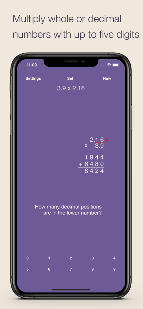 Long Multiplication app interface showing a step by step decimal multiplication problem on an iPhone
