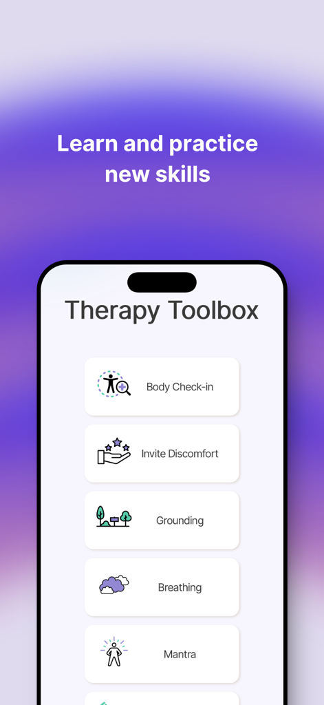 Bia - Bia app Therapy Toolbox screen with recovery skills like grounding and breathing exercises