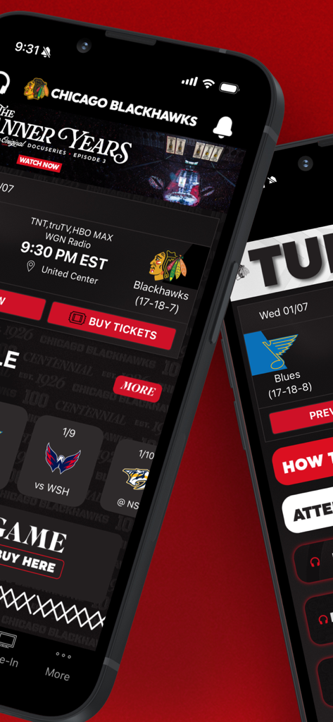 Interface of the Chicago Blackhawks official app showing game schedule and buy tickets option
