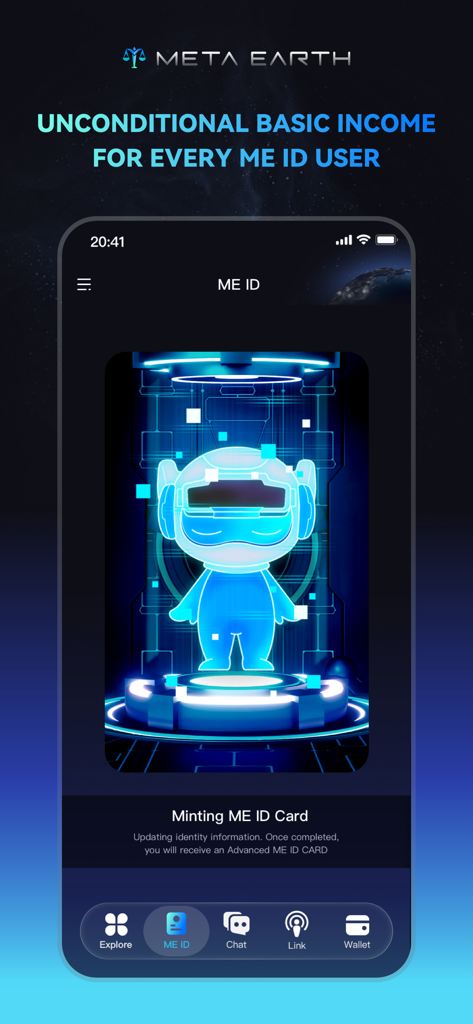 Pantalla de la aplicación ME Pass mostrando el proceso de acuñación de la tarjeta ME ID con un avatar de personaje holográfico azul.