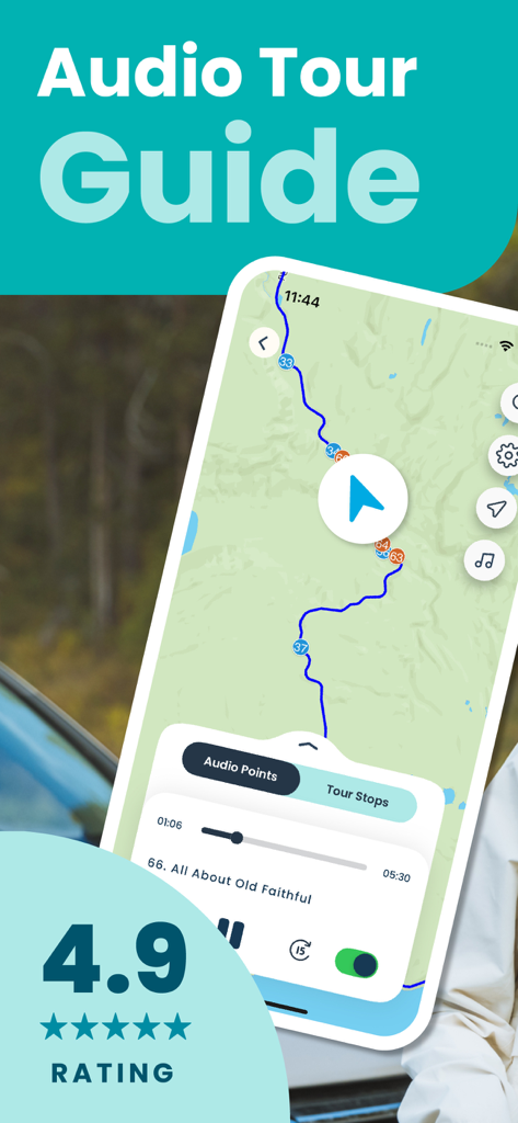 Shaka Guide App-Oberfläche, die eine GPS-Tourkarte und einen Audioführer für Old Faithful in Yellowstone anzeigt.
