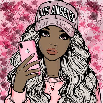realistic beautiful girl wearing los ángeles cap holding an iphone