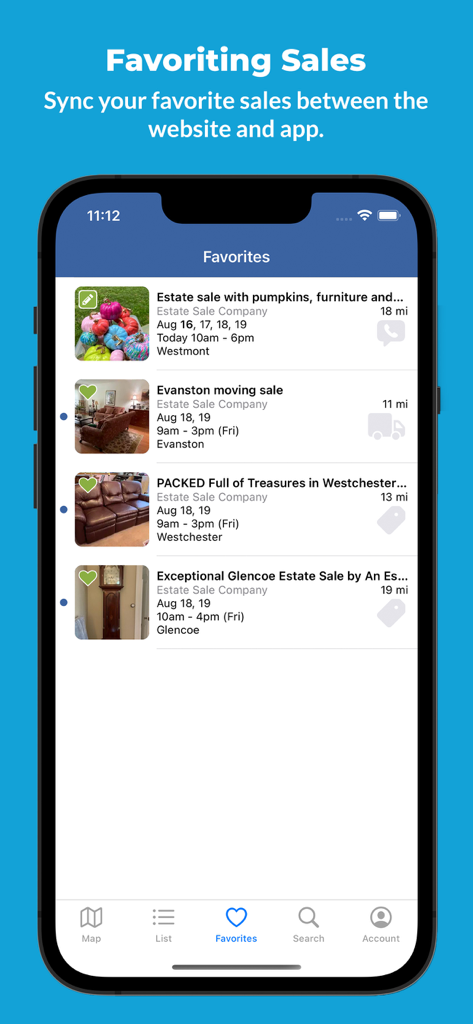 Screenshot of the EstateSales.NET app favorites screen showing a list of saved estate sales with locations and photos