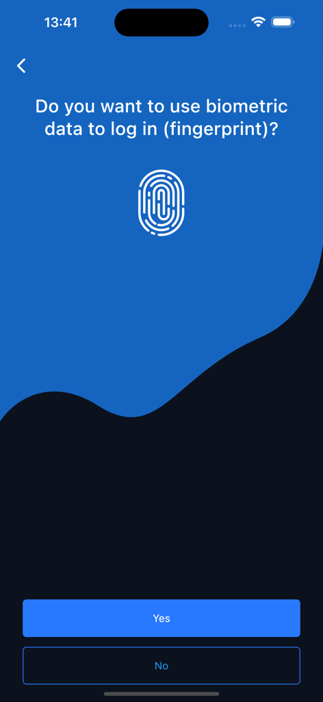 TMS player - Un écran de l'application TMS Player demandant aux utilisateurs s'ils souhaitent activer la connexion par empreinte digitale biométrique.