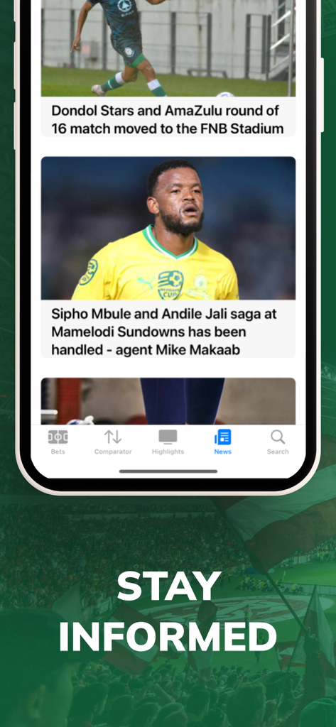 Sport Bet Tips Match - BetAll - A mobile app interface displaying a sports news feed with soccer articles and a stay informed caption.