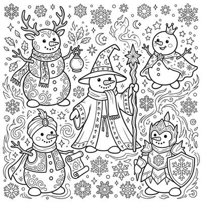 Dive into a whimsical world of winter magic with our fantasy snowmen coloring page, where festive meets fantastical. Discover a cast of enchanting characters, from wise wizards to brave knights, ready for your creative touch.