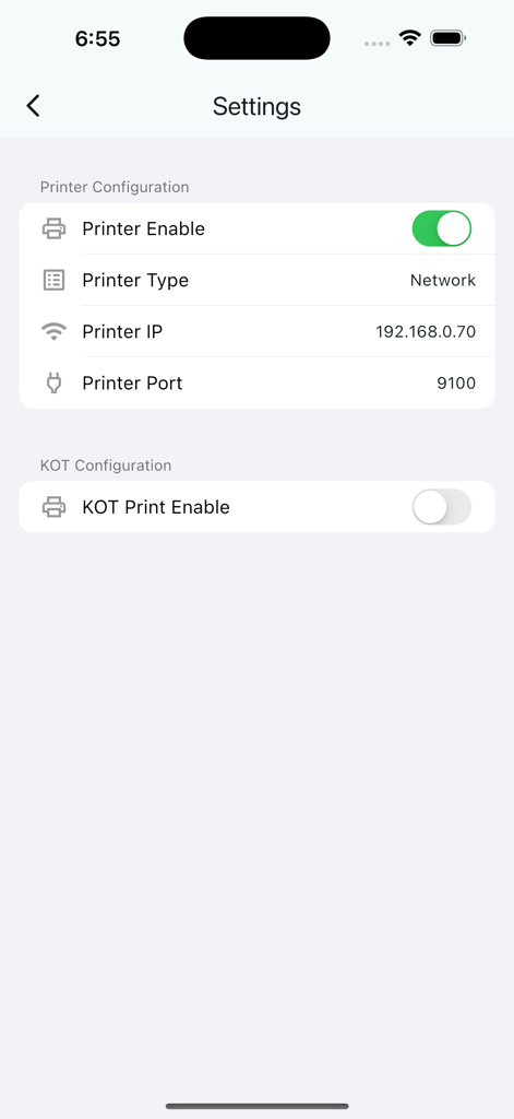 Printer and KOT configuration settings in the iPOS Restaurant POS app