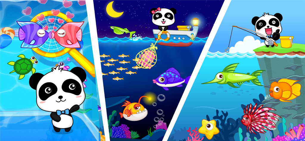 Three colorful scenes from Happy Fishing Games showing pandas fishing in various environments including a boat at night and underwater.
