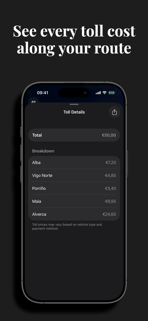 EuroTolls app screen showing a detailed breakdown of toll costs for a European driving route
