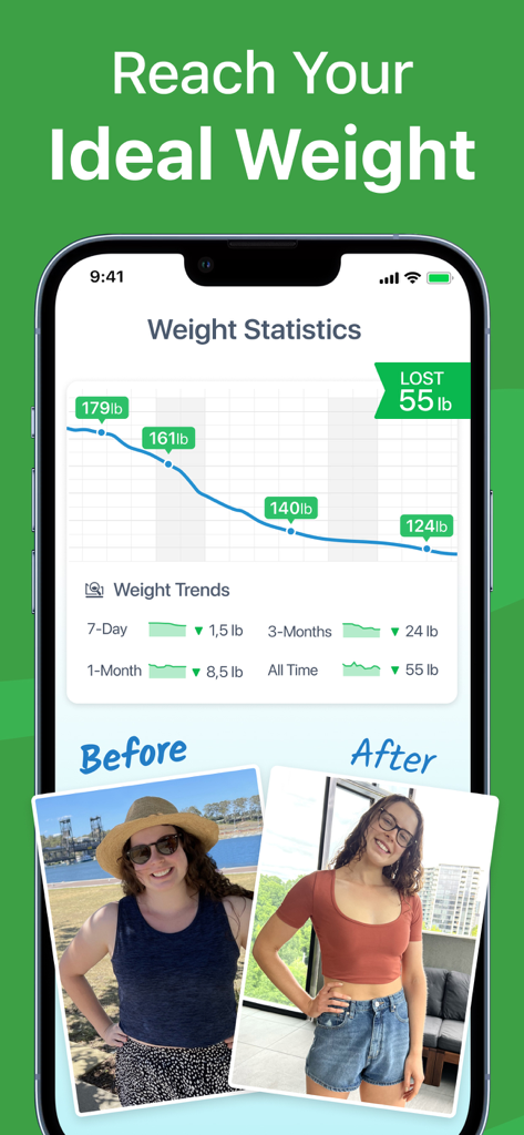 Keto Diet App - Carb Genius - Weight loss statistics graph and before and after success photos in the Carb Genius app.