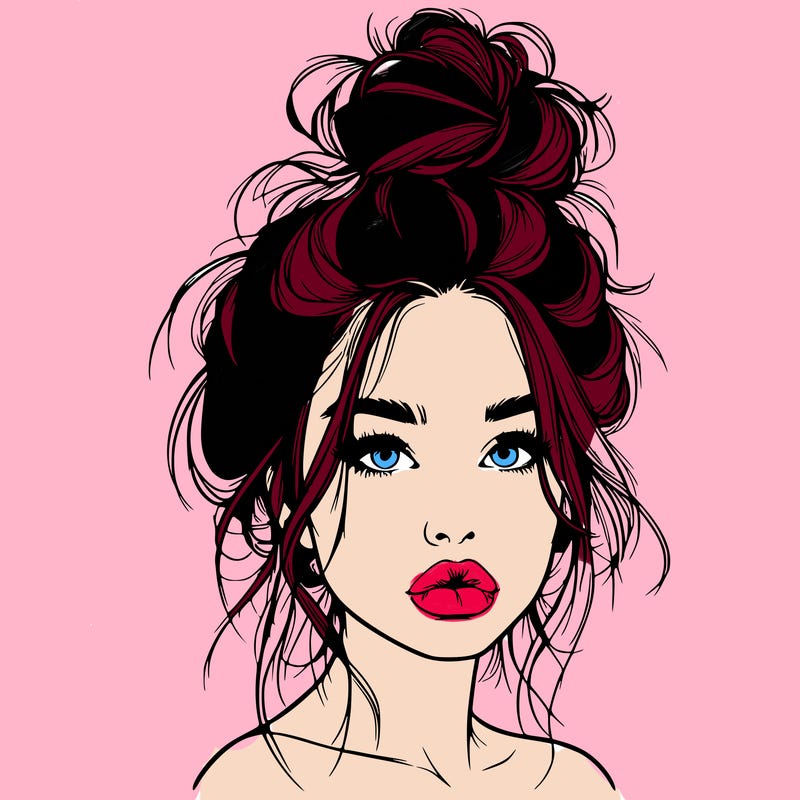 realistic girl with a messy bun and she has lips
