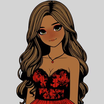 realistic girl with long hair and pretty prom dress