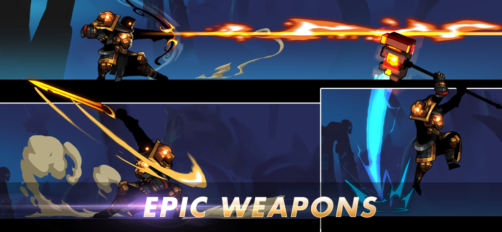 Stickman Master: Shadow Ninja - Shadow ninja hero using various epic weapons including a bow hammer and sword in Stickman Master