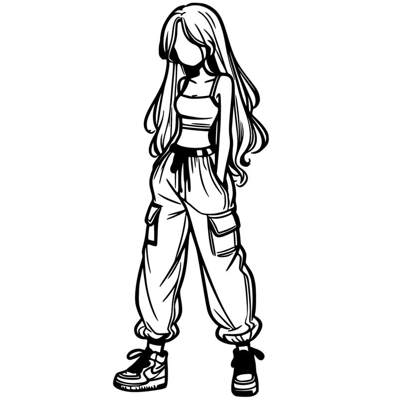 girl in baggy pants crop top and long hair
