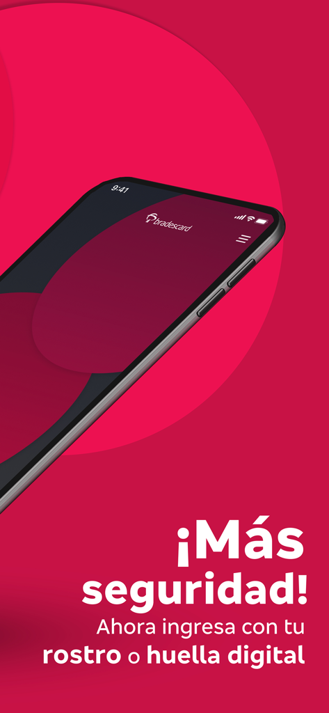 Smartphone showing the bradescard app interface with Spanish text highlighting biometric login security using facial recognition and fingerprints.