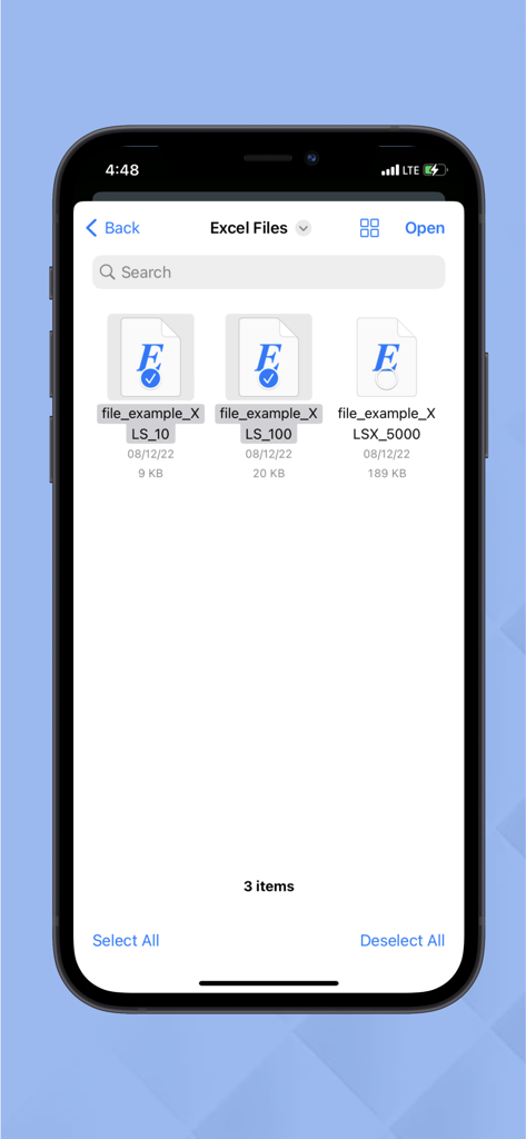 Excel To Pdf Converter - Interface do aplicativo Conversor de Excel para PDF mostrando uma tela de seleção de arquivos com planilhas prontas para serem convertidas.