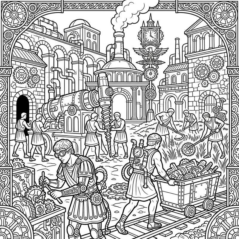 Unleash your creativity with this fascinating coloring page blending ancient Roman life with intricate Steampunk machinery. Discover a world where gears meet gladiatorial aesthetics and add your vibrant colors to this unique historical fantasy.