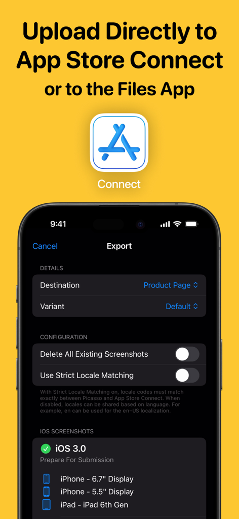 Picasso App Screenshot Studio - Interfaz de exportación de Picasso App Screenshot Studio mostrando opciones de carga directa a App Store Connect