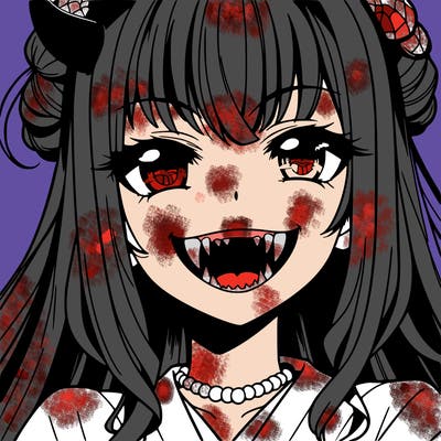 anime girl, vampire teeth,demon slayer themed, evil smile