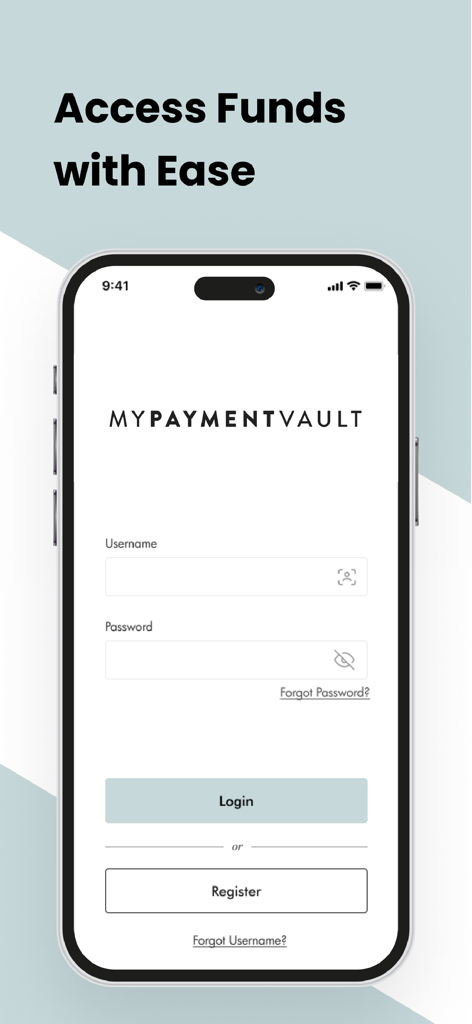 MyPaymentVault app login screen with username and password input fields