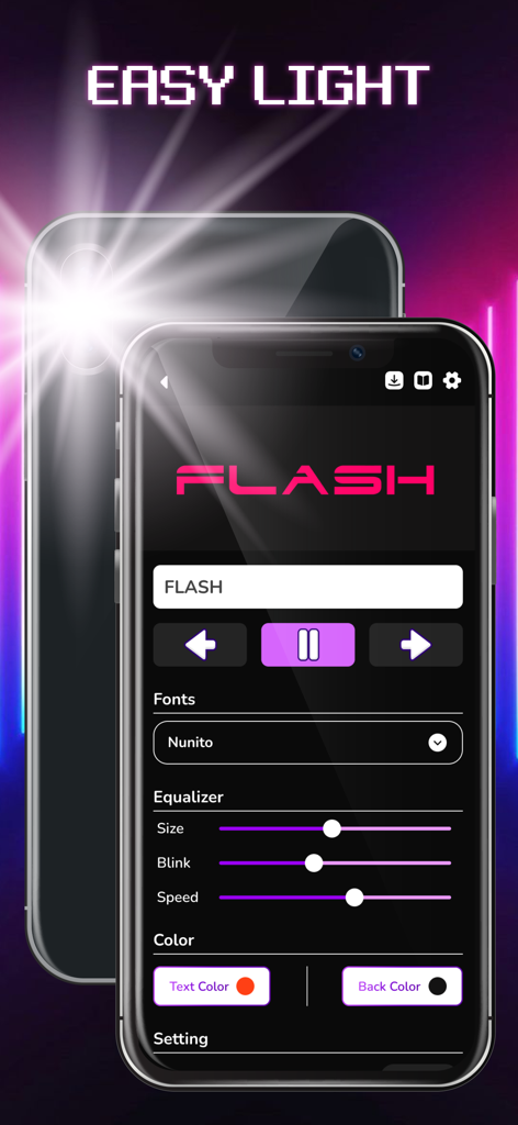 LED Banner: LED Scroller Text - Interfaz de la aplicación Banner LED mostrando opciones de personalización de texto para fuente, tamaño, parpadeo y velocidad con un efecto de linterna de teléfono brillante