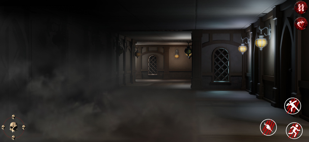Scary Granny Nun:Chapter 2 - Dark foggy hallway inside a haunted mansion with glowing lanterns and game interface buttons