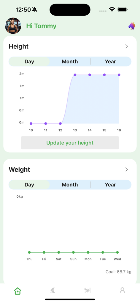 KidWorkout 360 Grow Faster - Painel mostrando gráficos de acompanhamento de altura e peso no aplicativo KidWorkout 360