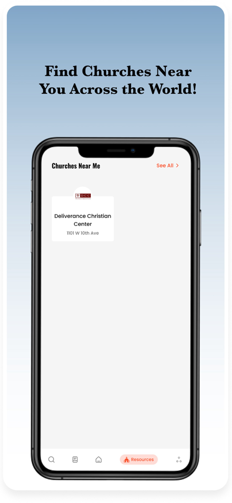 Bible Chat: Kingdom Connect - Interface do aplicativo Bible Chat mostrando uma ferramenta localizadora de igrejas intitulada Encontre Igrejas Perto de Você em Todo o Mundo.