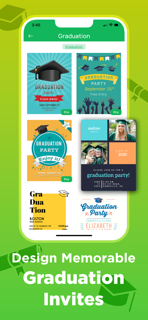 Mobile app interface showing various professional graduation invitation card templates.