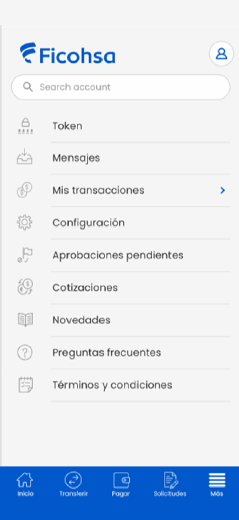 Ficohsa - Écran du menu de l'application mobile Ficohsa montrant les options bancaires telles que les transactions et les paramètres