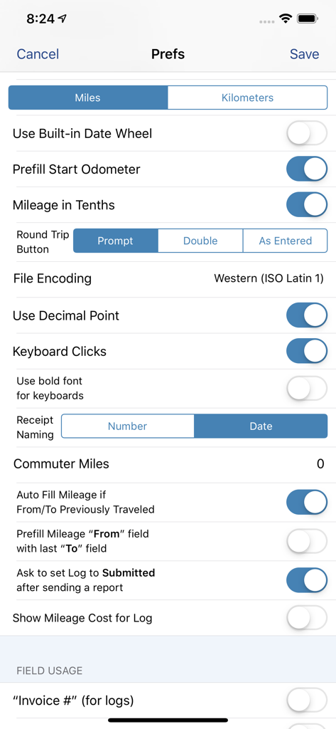 MileTracker Pro - Settings interface of MileTracker Pro showing detailed customization options for mileage and expense tracking.