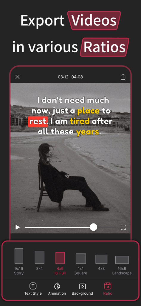 AI Voice Generator Video Maker - ソーシャルメディア向けのさまざまなアスペクト比で動画をエクスポートするオプションを表示するアプリインターフェース