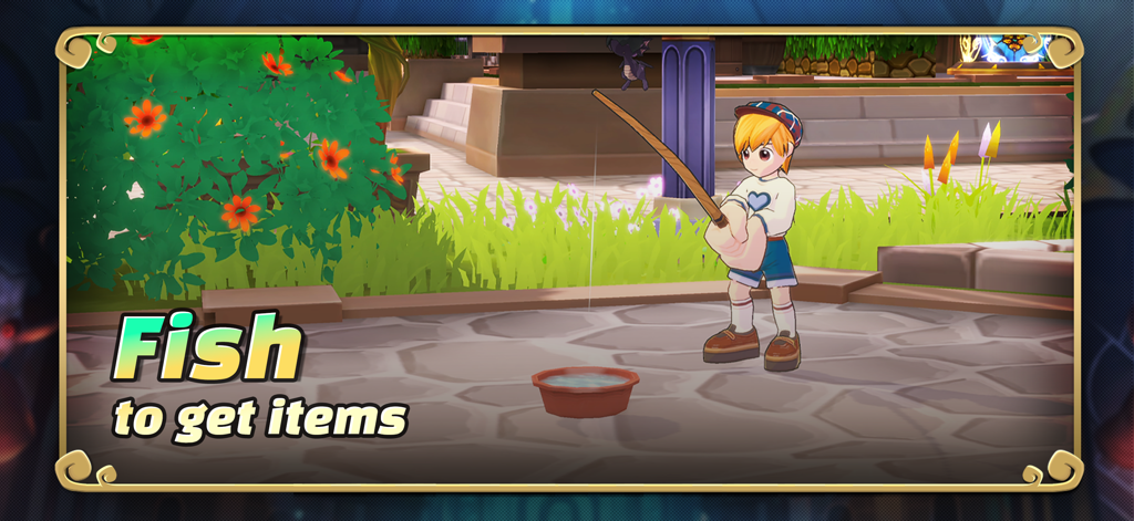 Un adorable personaje de dibujos animados pescando en un pueblo vibrante para recolectar objetos en SealM on CROSS