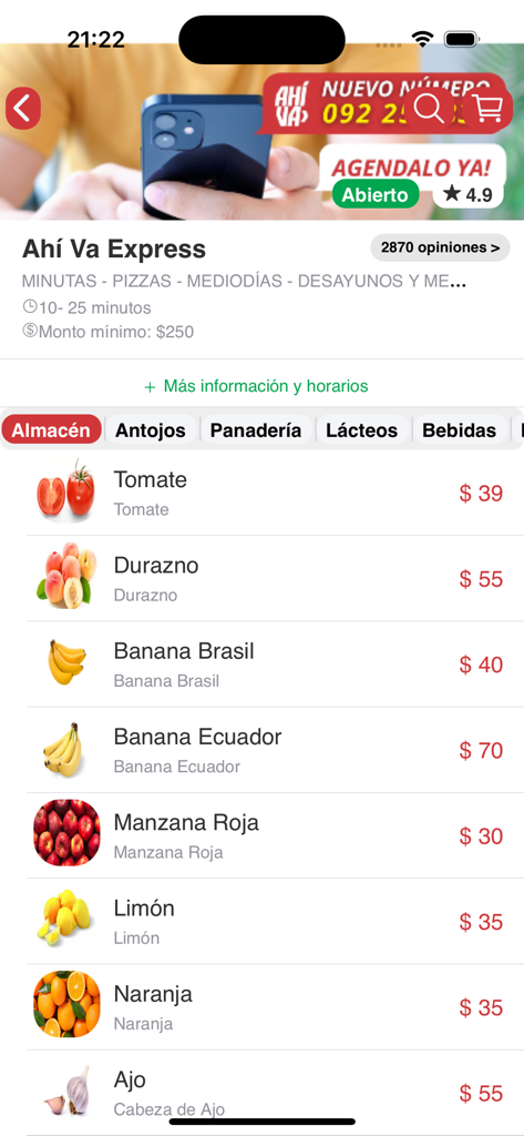 Ahí Va - Ahi Va Express mobile app interface showing a grocery list of fresh produce including tomatoes peaches and bananas with prices
