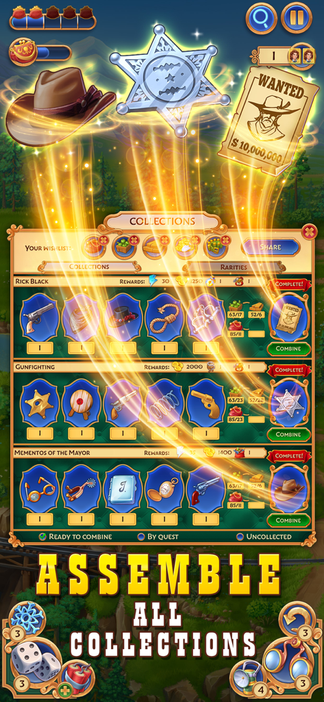 Sheriff of Mahjong: Tile Games - A menu in Sheriff of Mahjong displaying various Western item collections to assemble.