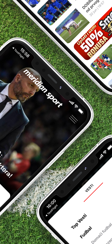 Meridian Sport Srbija - Screenshots of the Meridian Sport Srbija app showing sports news and betting offers on iPhone screens over a grass background