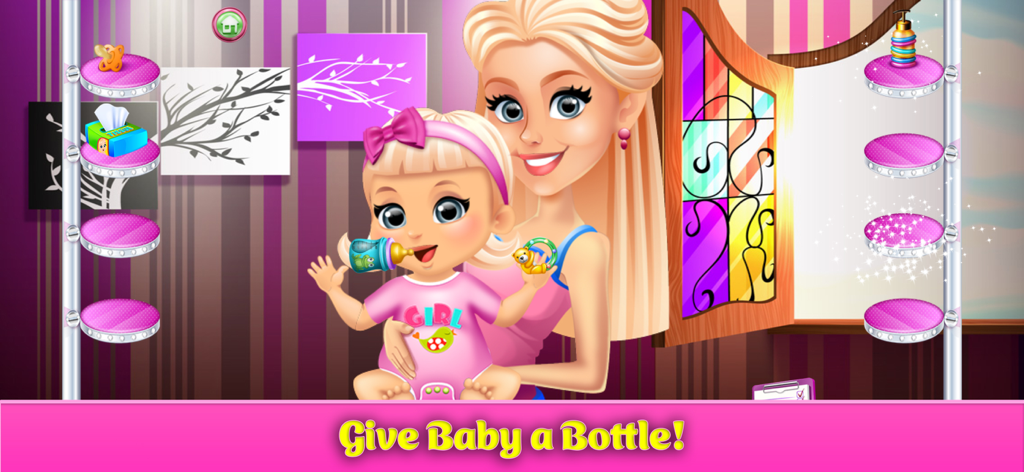 Mommy & Baby Games: Newborn - Eine Cartoon-Mama, die ihr Baby-Mädchen während eines Fütterungslevels hält