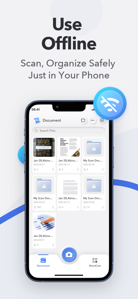 Benutzeroberfläche einer Scanner-App, die Offline-Dokumentenorganisation und sichere Speicherordner anzeigt