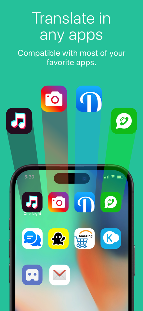 Translate Keyboard+ Translator - iPhoneの画面に、Translate Keyboardと様々なソーシャルおよびメッセージングアプリとの互換性が表示されています。