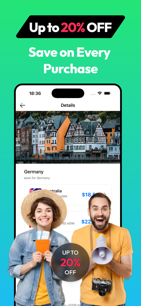 Pantalla promocional de Roami eSIM que ofrece hasta un 20 por ciento de descuento en planes de datos de viajes globales.