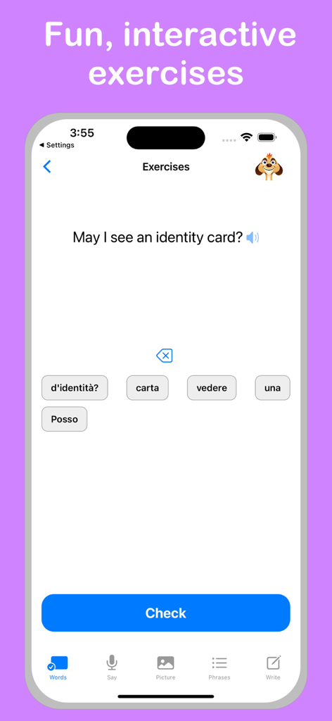 Ein Screenshot der Italienisch Plus-App, der eine interaktive Wortgitter-Übung zur Übersetzung eines englischen Satzes ins Italienische zeigt