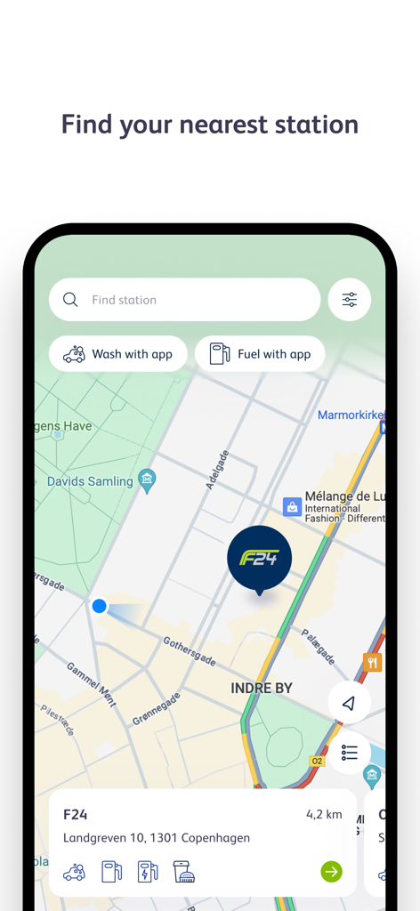 F24 - Mobile app interface for F24 showing a map with nearby gas stations and fueling services in Copenhagen.