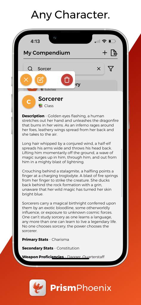 PrismScroll Phoenix - Aplicación PrismScroll Phoenix mostrando la descripción y estadísticas de la clase de hechicero en la vista de compendio