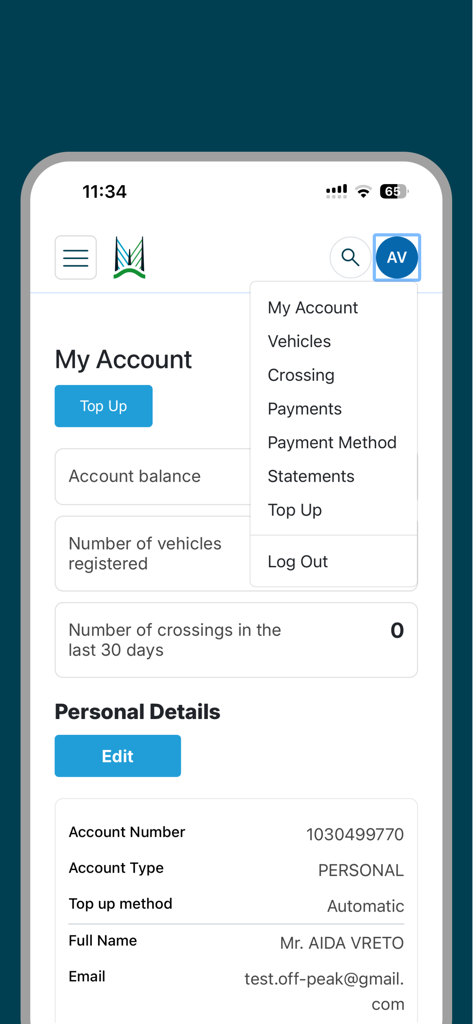 Merseyflow Quick Pay - User account dashboard in the Merseyflow Quick Pay app showing personal details and navigation menu