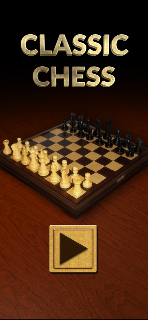 Classic Chess Master - Pantalla de inicio de Classic Chess Master con un tablero de ajedrez de madera en 3D y un botón de jugar.